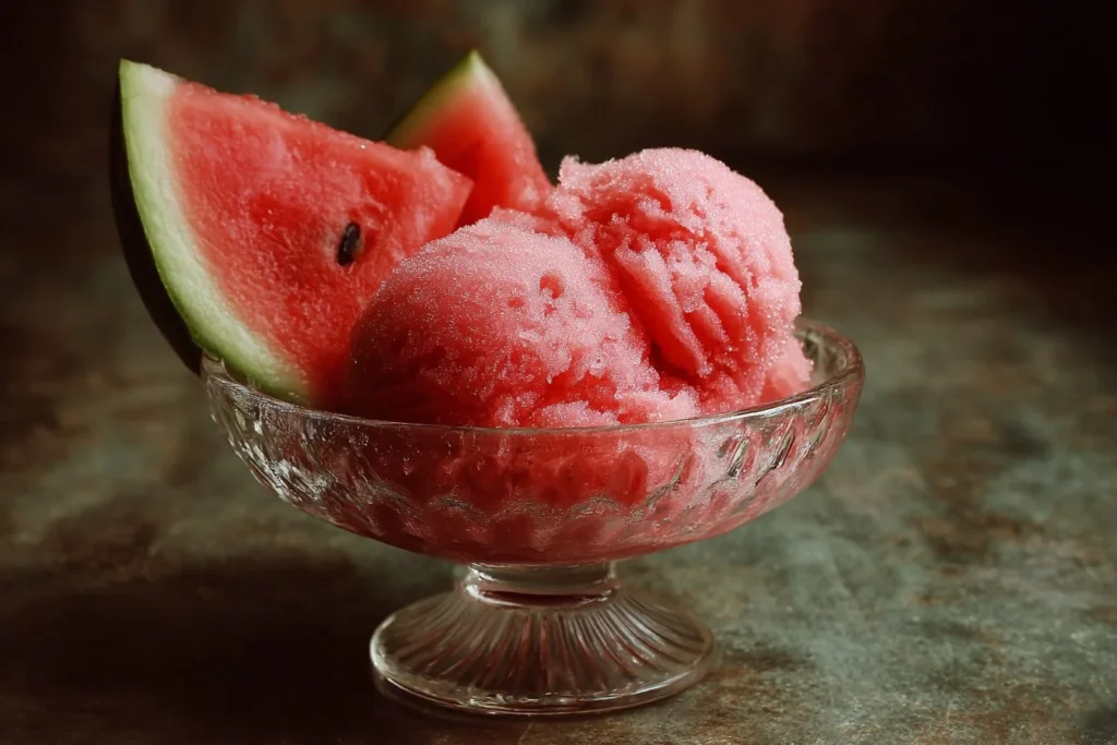 A bowl of vibrant watermelon sorbet garnished with mint leaves