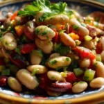 Colorful 3 bean salad with vegetables and vinaigrette dressing