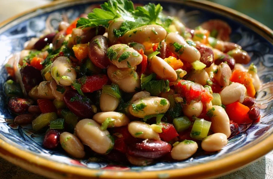 Colorful 3 bean salad with vegetables and vinaigrette dressing