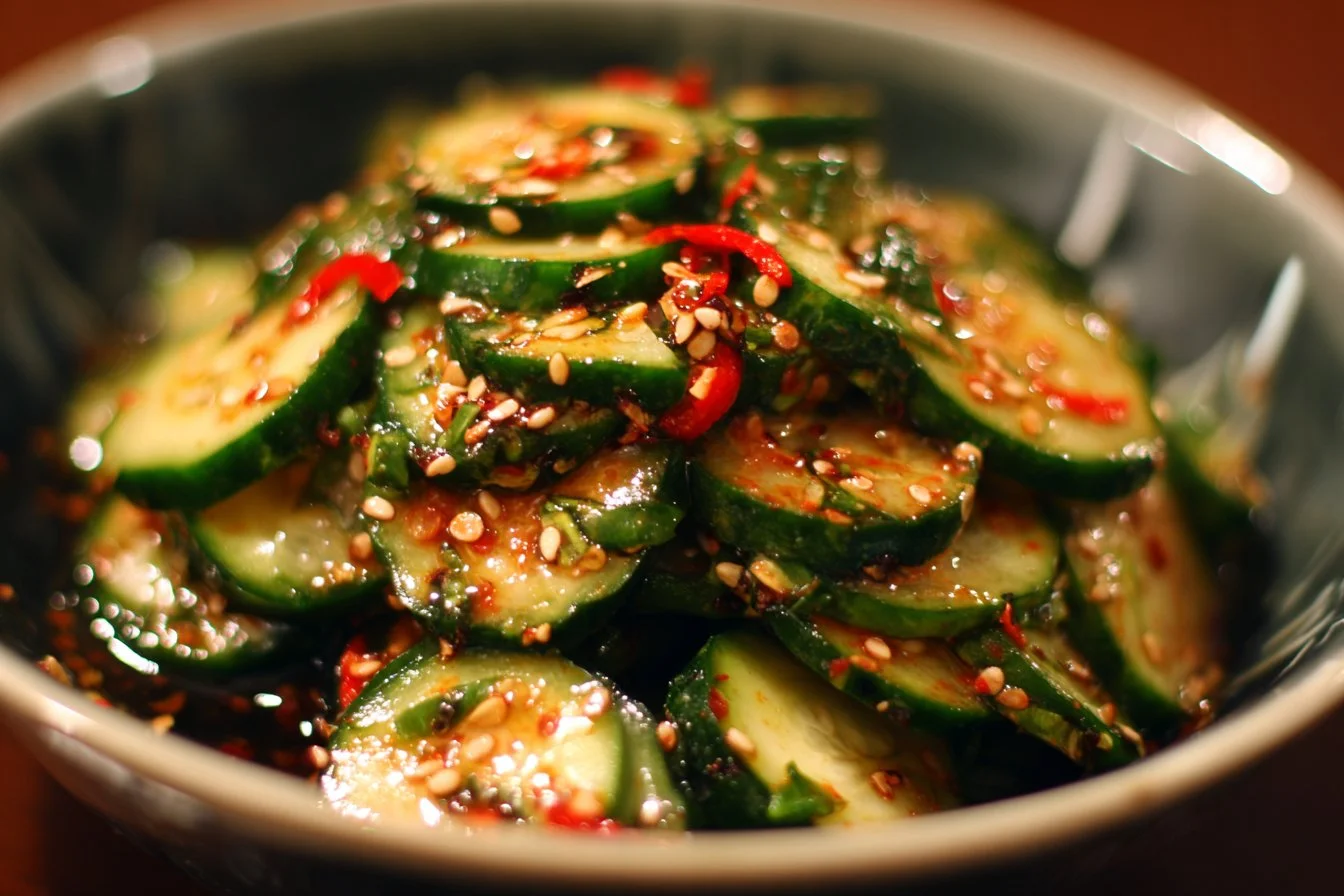 Fresh Asian cucumber salad with sesame dressing and herbs
