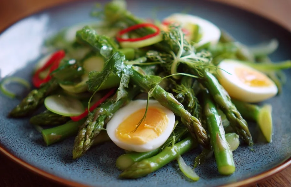 Fresh asparagus salad with cherry tomatoes and vinaigrette dressing