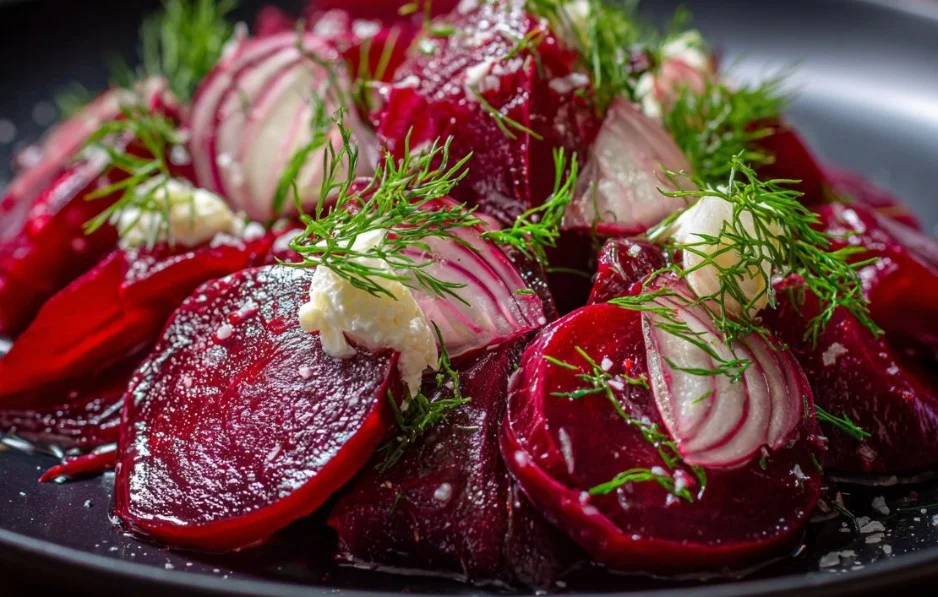 Colorful beet salad with fresh greens and toppings