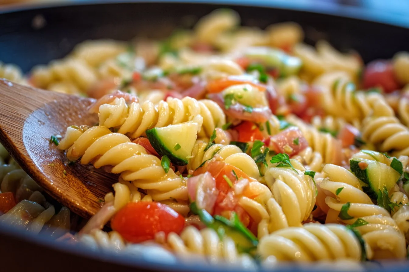 Colorful and fresh best pasta salad served in a bowl.