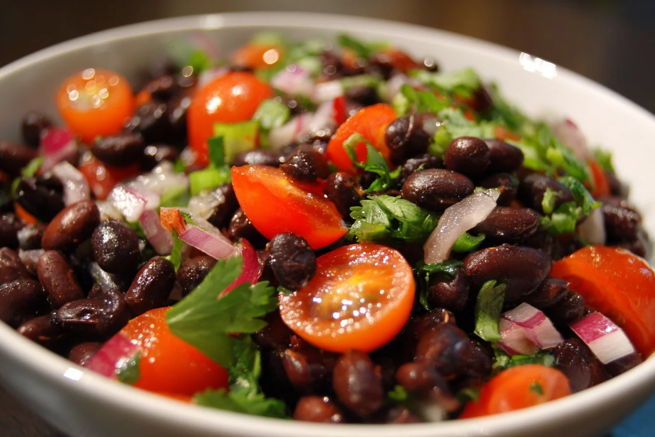 Colorful Black Bean Salad with fresh vegetables and dressing