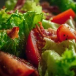 A vibrant BLT salad featuring crispy bacon, fresh lettuce, and ripe tomatoes.