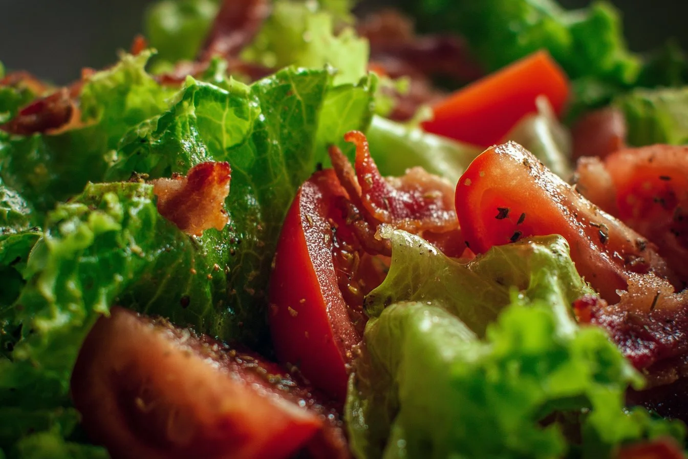 A vibrant BLT salad featuring crispy bacon, fresh lettuce, and ripe tomatoes.