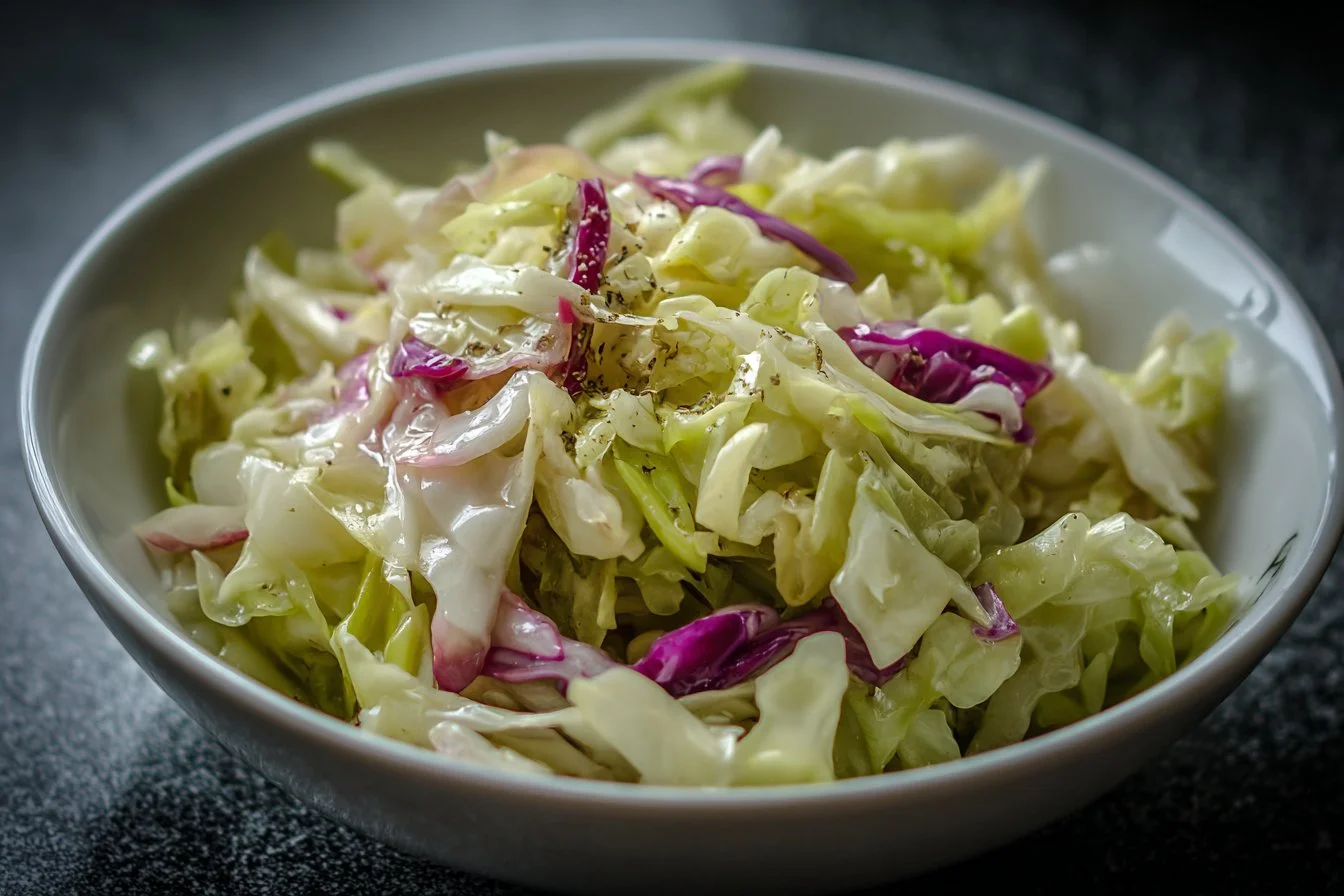 Delicious homemade cabbage salad with colorful vegetables in a bowl