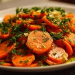 Fresh and colorful carrot salad topped with herbs and dressing.