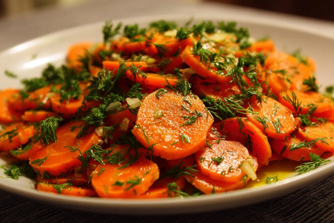 Fresh and colorful carrot salad topped with herbs and dressing.