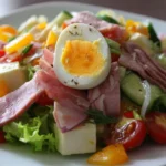 A colorful Chef Salad with greens, tomatoes, meats, and cheese in a bowl.