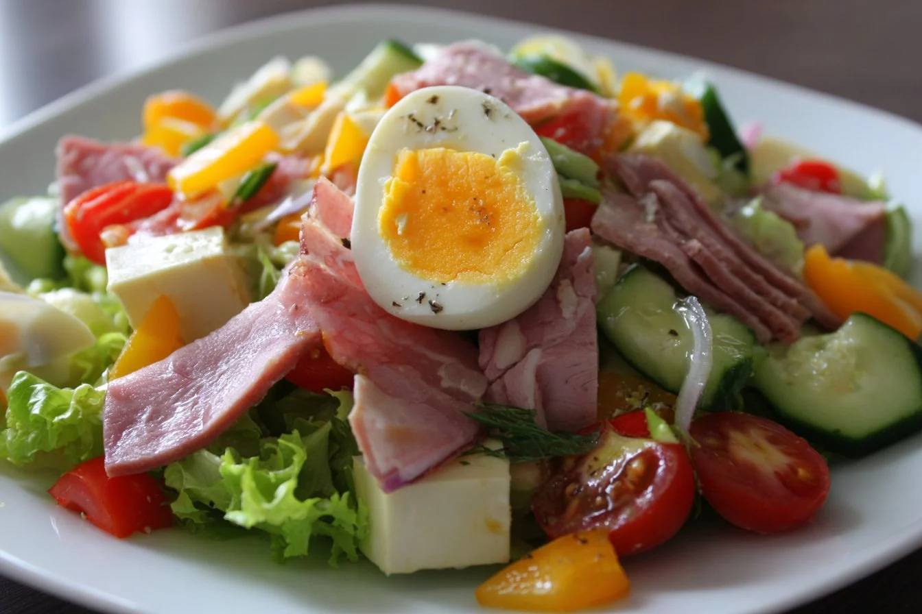 A colorful Chef Salad with greens, tomatoes, meats, and cheese in a bowl.
