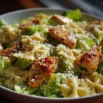 Delicious Chicken Caesar Pasta Salad with tender chicken, pasta, and romaine lettuce