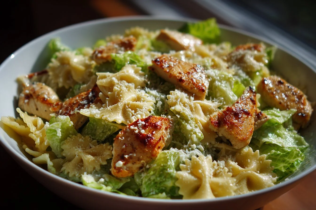 Delicious Chicken Caesar Pasta Salad with tender chicken, pasta, and romaine lettuce