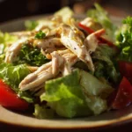 Delicious chicken salad with fresh vegetables and dressing