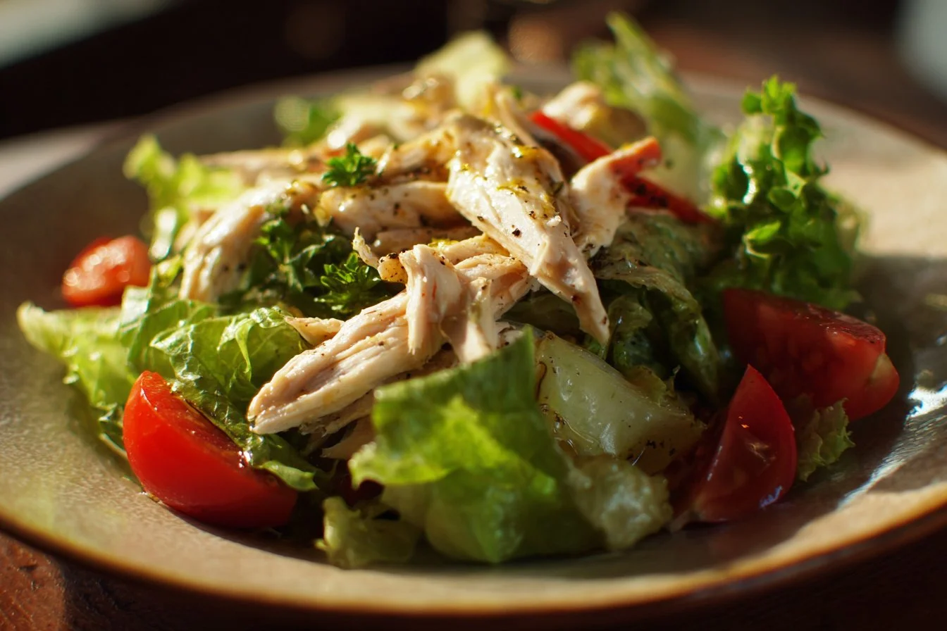 Delicious chicken salad with fresh vegetables and dressing