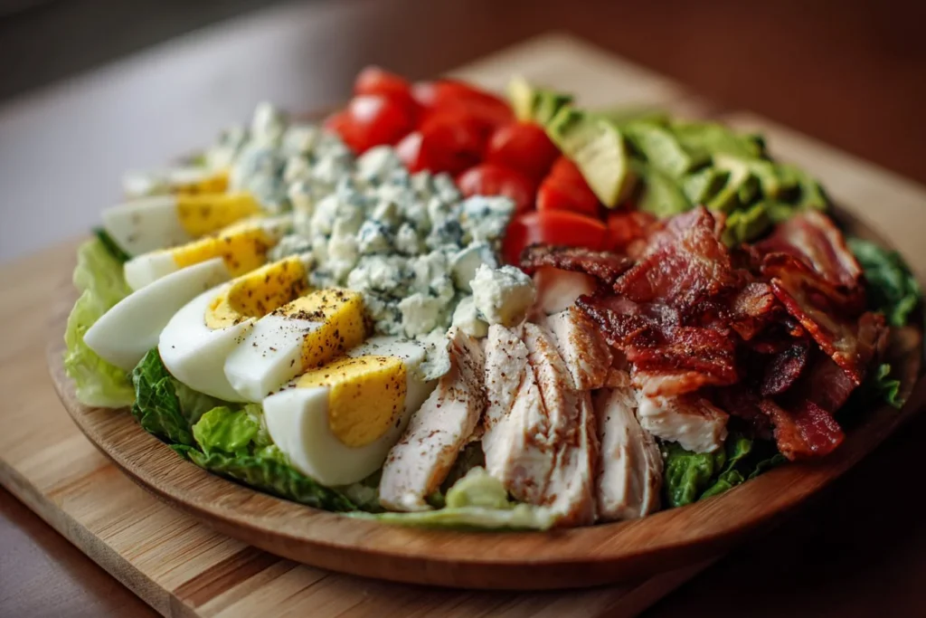 Delicious Cobb Salad with fresh ingredients like lettuce, tomatoes, eggs, and bacon.