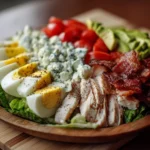 Delicious Cobb Salad with fresh ingredients like lettuce, tomatoes, eggs, and bacon.