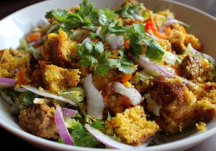 Colorful Cornbread Salad with fresh vegetables and dressing