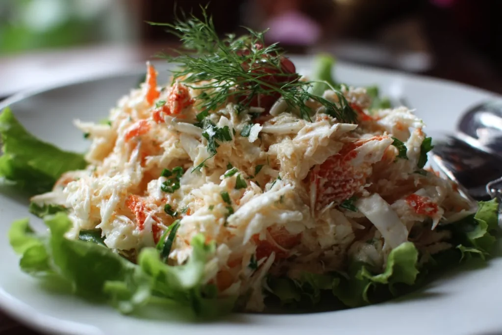 Fresh crab salad garnished with herbs and served in a bowl