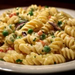 Creamy pasta salad in a bowl with fresh vegetables and herbs