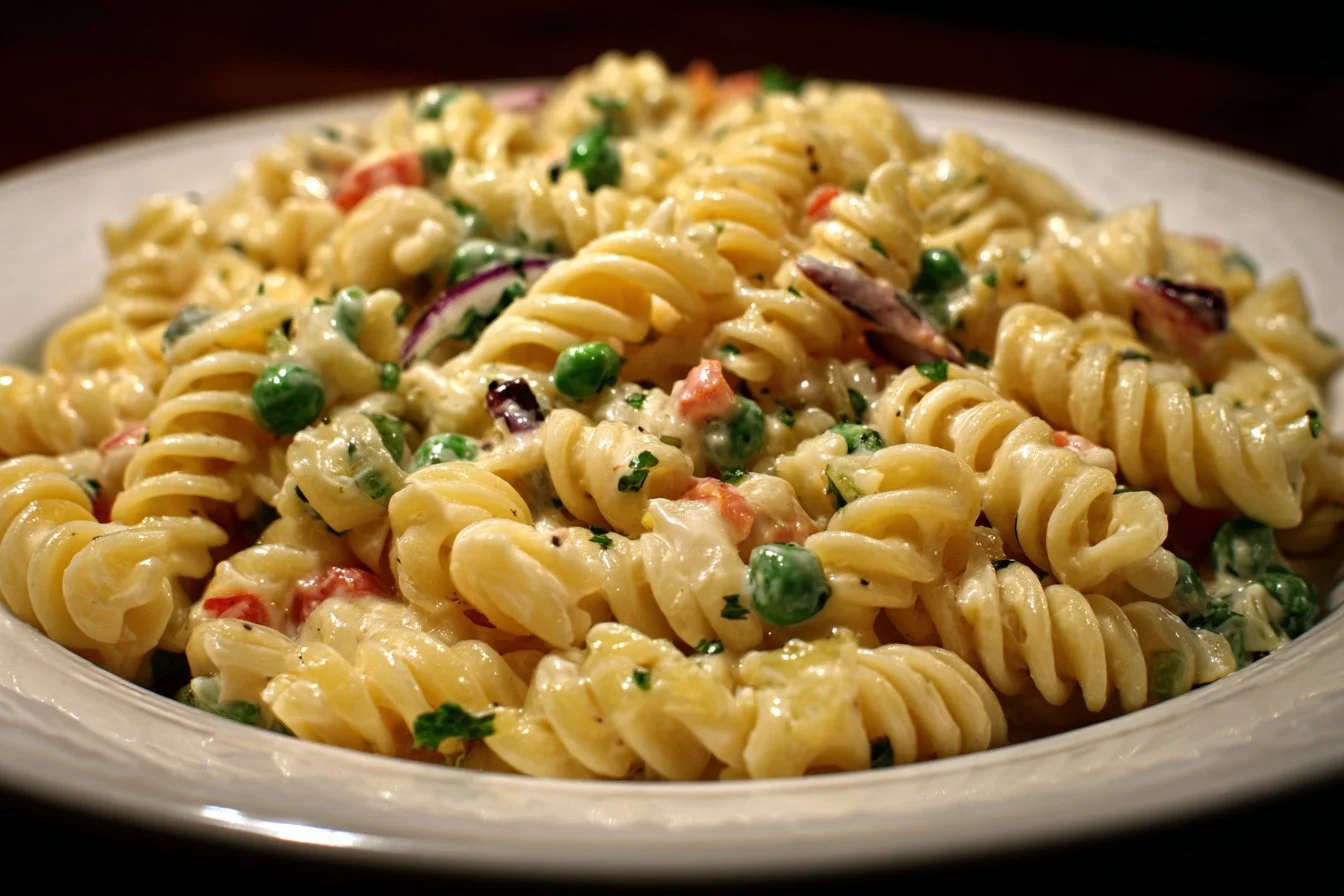 Creamy pasta salad in a bowl with fresh vegetables and herbs