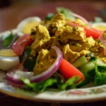 A bowl of vibrant Curry Chicken Salad garnished with fresh herbs