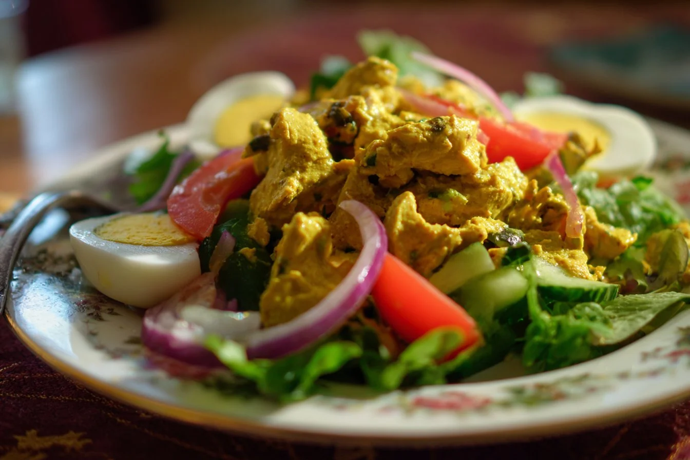 A bowl of vibrant Curry Chicken Salad garnished with fresh herbs