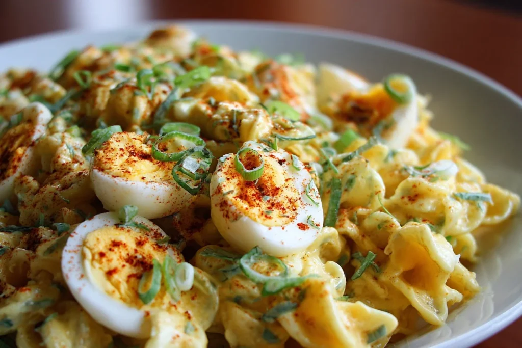 Bowl of deviled egg pasta salad garnished with herbs.
