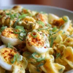 Bowl of deviled egg pasta salad garnished with herbs.