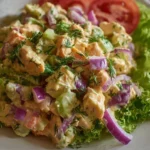 Bowl of easy chicken salad with fresh vegetables and herbs
