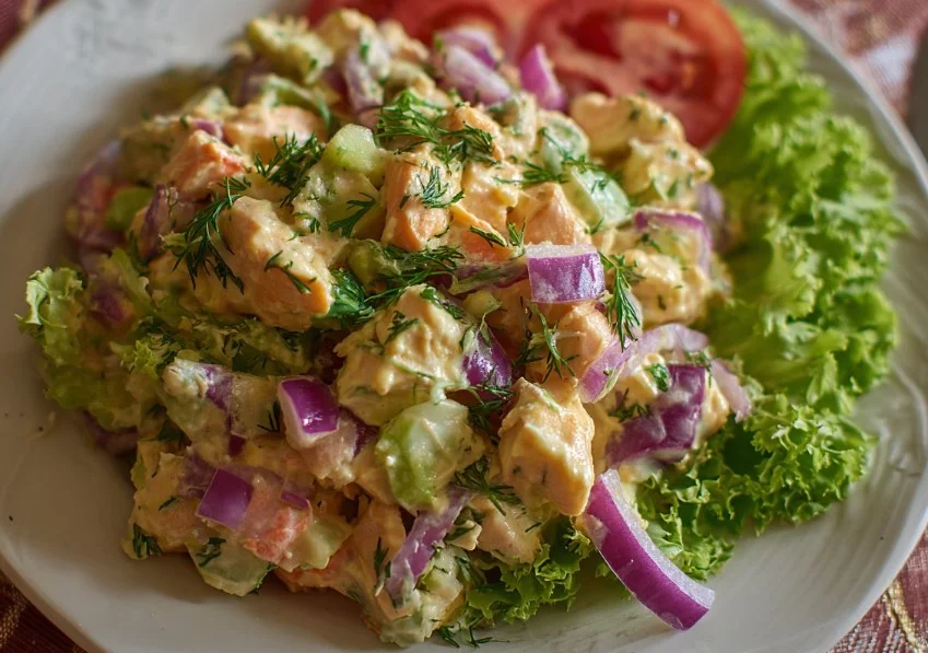 Bowl of easy chicken salad with fresh vegetables and herbs