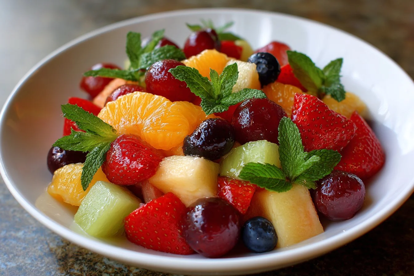 Bowl of easy fruit salad with a variety of colorful fruits