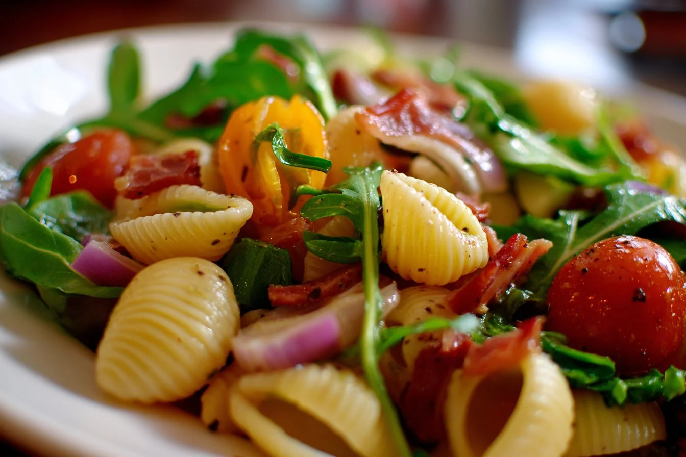 Delicious easy pasta salad with fresh vegetables and dressing
