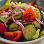 A colorful and fresh easy salad with mixed greens, tomatoes, and cucumbers.