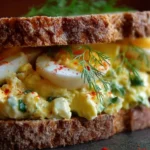 Delicious egg salad sandwich on a plate garnished with fresh herbs