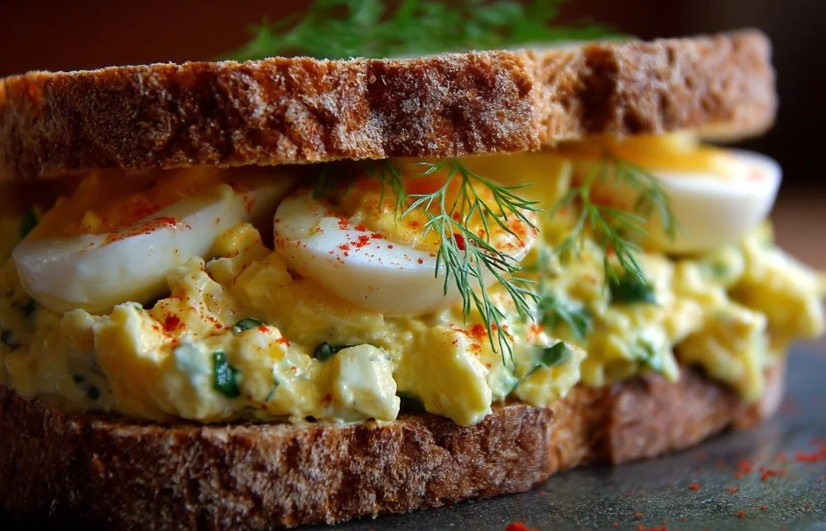 Delicious egg salad sandwich on a plate garnished with fresh herbs