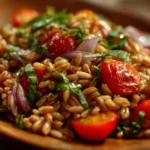 Colorful bowl of nutritious Farro Salad with fresh vegetables