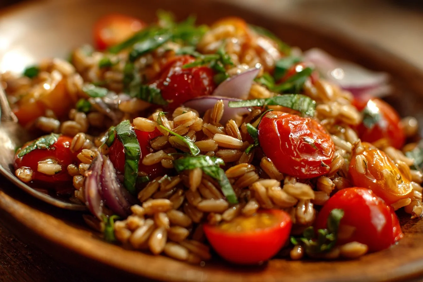 Colorful bowl of nutritious Farro Salad with fresh vegetables