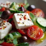 Fresh feta salad with vegetables and dressing served in a bowl