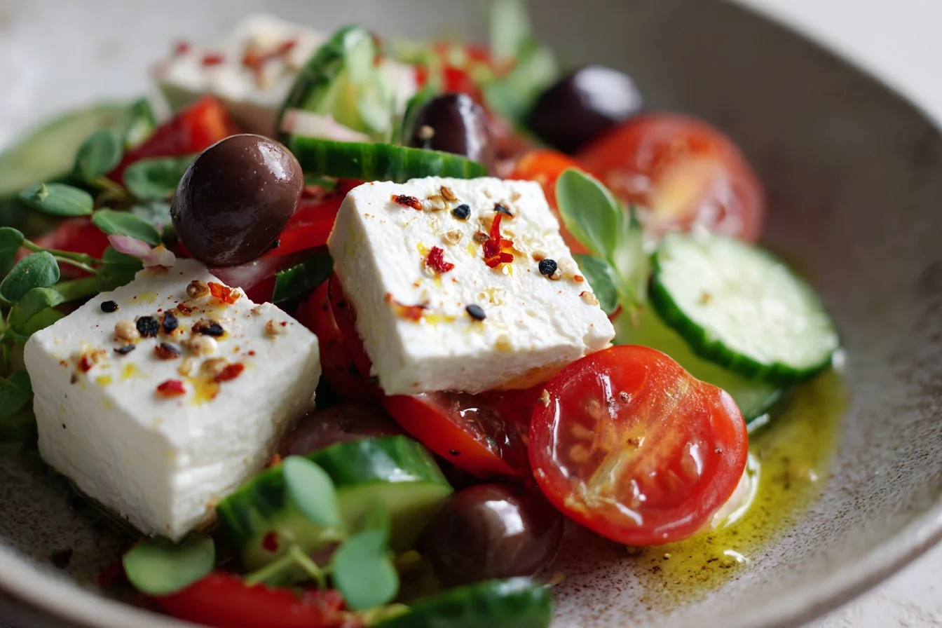 Fresh feta salad with vegetables and dressing served in a bowl