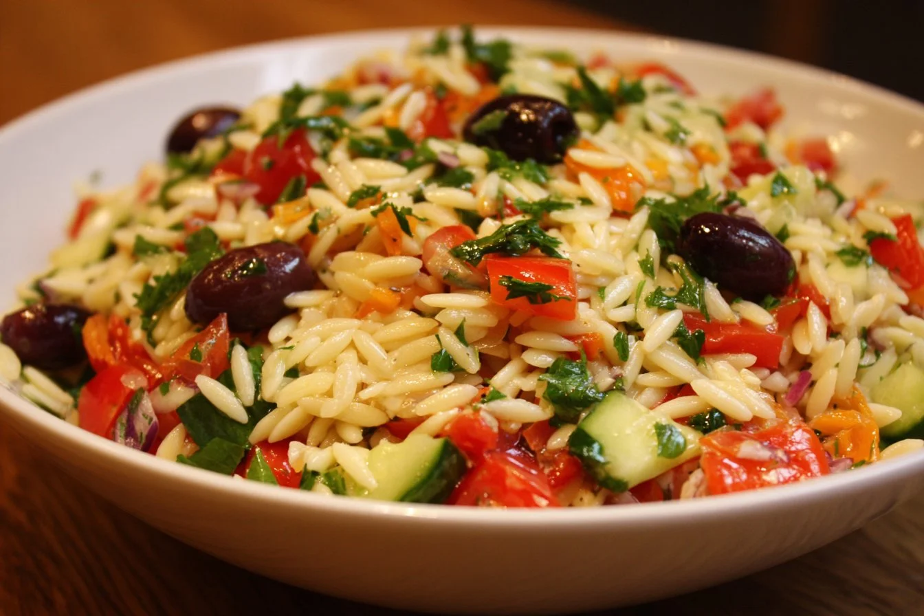 Delicious Greek Orzo Salad with fresh vegetables and feta cheese
