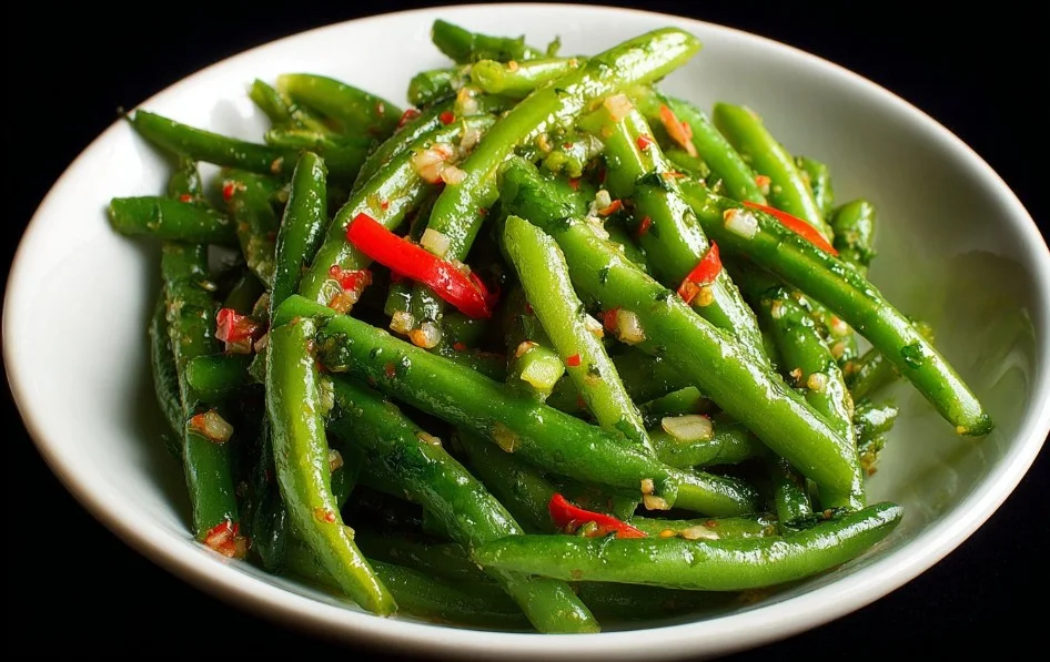 Delicious green bean salad with fresh vegetables and dressing