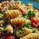 High protein pasta salad with colorful vegetables and dressing