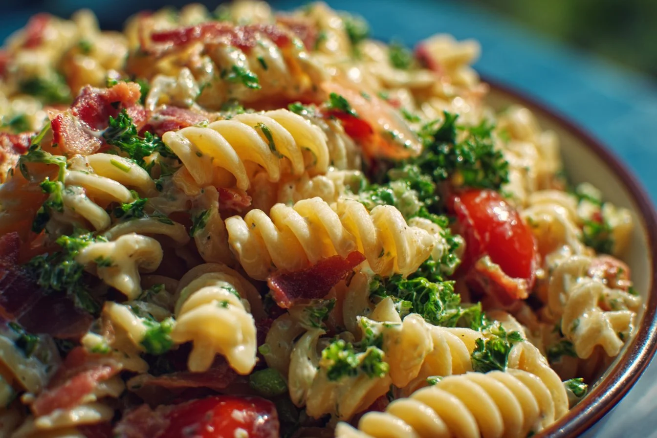 High protein pasta salad with colorful vegetables and dressing