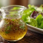Delicious homemade salad dressing in a glass jar with fresh ingredients