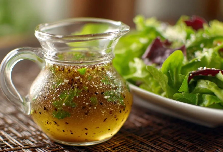 Delicious homemade salad dressing in a glass jar with fresh ingredients