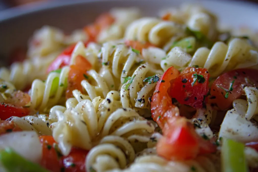 Colorful Italian pasta salad with vegetables and dressing in a bowl.