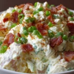 Delicious loaded potato salad with bacon, cheese, and green onions