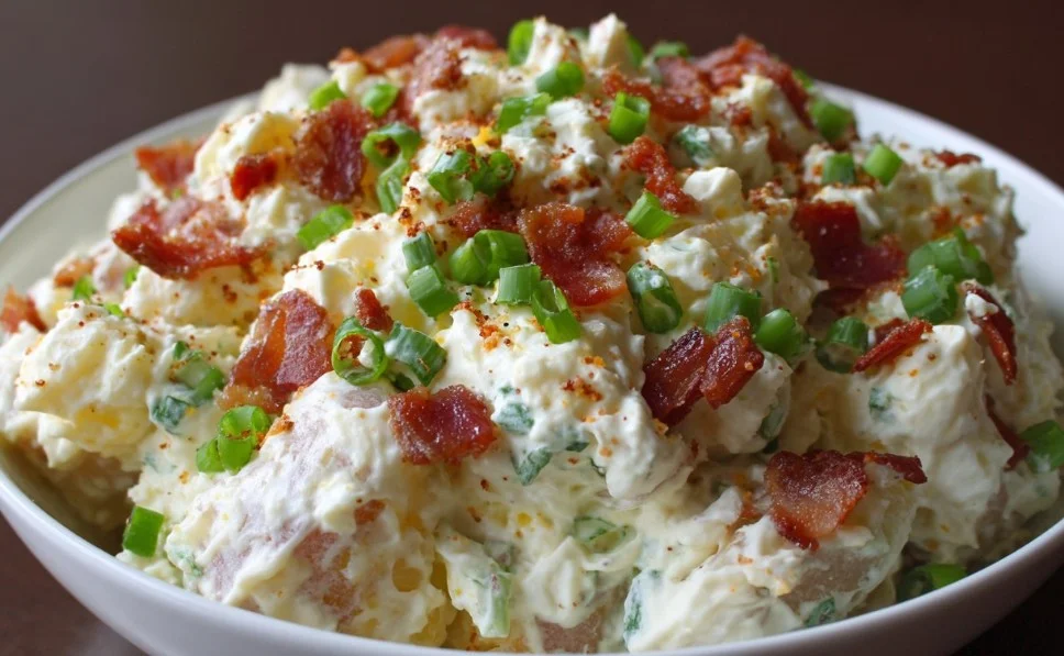 Delicious loaded potato salad with bacon, cheese, and green onions