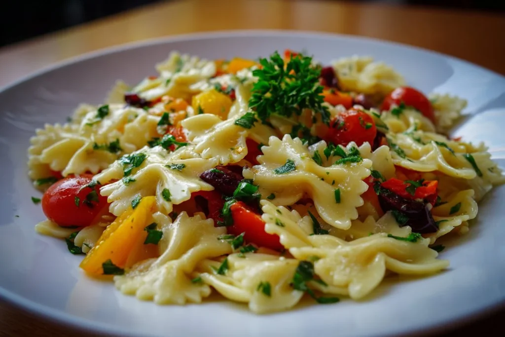 Delicious Mediterranean Pasta Salad with fresh vegetables and herbs.